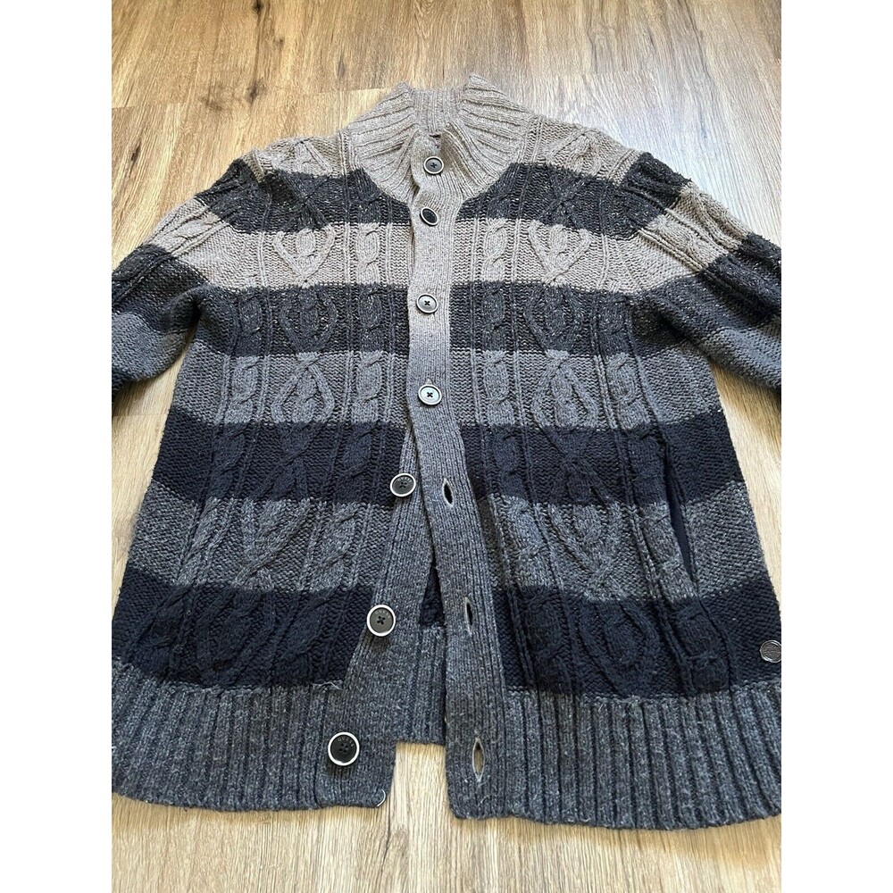 Guess LA Men Black/Gray Long Sleeve Button Up Cable Knit Sweater Cardigan Size L - Picture 2 of 9